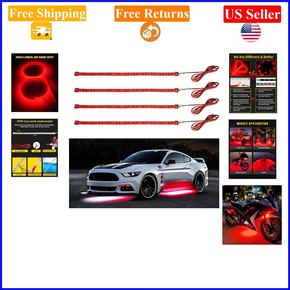 Waterproof 30CM Red LED Strip Lights Pack of 4 for Cars & Boats