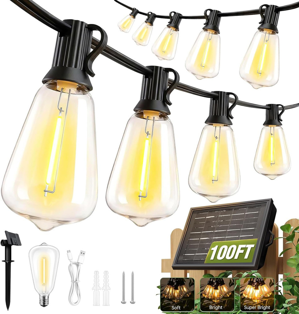 100FT Solar String Lights Outdoor Waterproof with Remote & Timer, LED Shatterpro