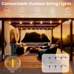 25 FT Outdoor String Lights, Waterproof Patio Light 13 LED Bulbs