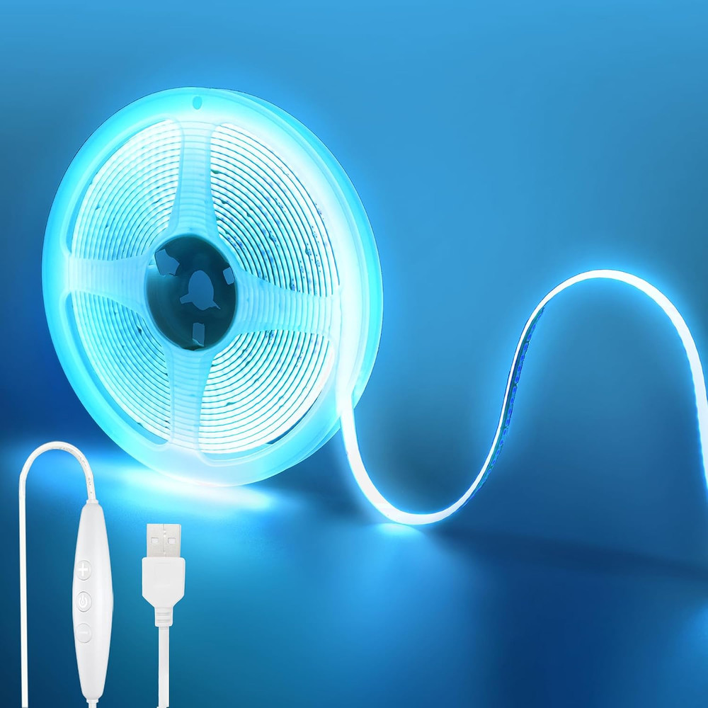 5V USB COB LED Strip Lights with Dimmable Switch,6.56Ft/2M,Ice Blue,320Leds/M,8M