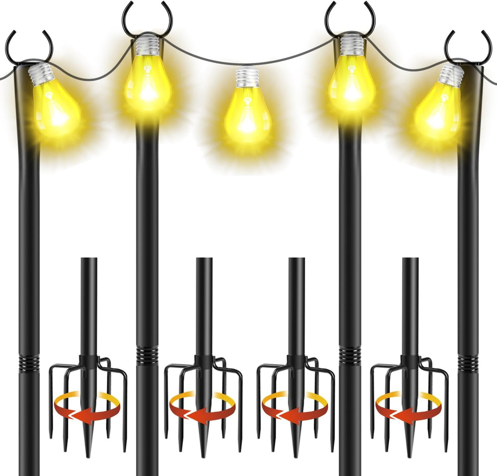 4 Pack 10Ft String Light Poles, Metal Poles with Fork for outside Lights,Outdoor
