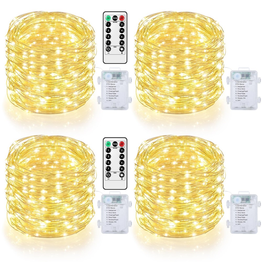 4 Pack Battery Fairy Lights with Remote, 160FT 480LED, Warm White