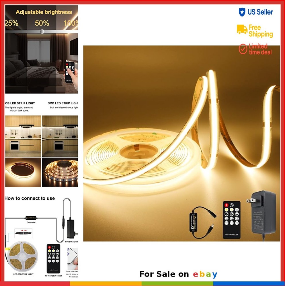 COB LED Strip Light 3000K Warm White 2400 LEDs Dimable RF Remote UL Power Supply