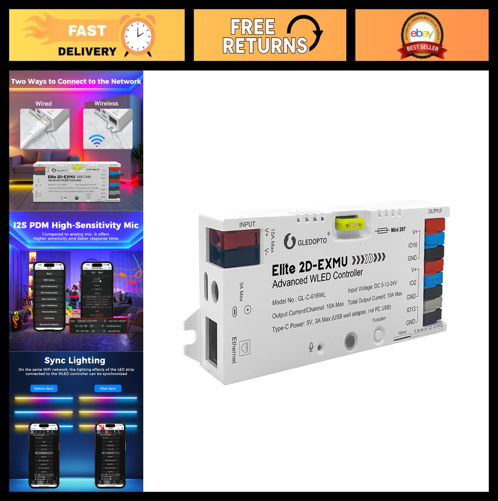 WiFi Ethernet LED Controller with I2S Mic, 20A Fuse, Energy Saving Relay, Works