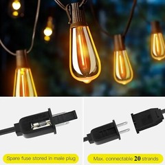 Outdoor Led String Light Plug in 50FT LED Lights with 25 Bulbs ST38 Shatterproof