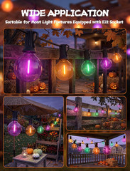 50FT Halloween String Lights with 25 G40 LED Orange Green Purple Bulbs | Plastic