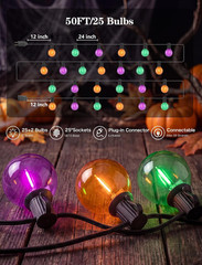 50FT Halloween String Lights with 25 G40 LED Orange Green Purple Bulbs | Plastic