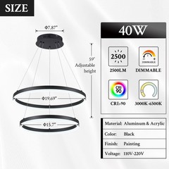 Modern LED Chandelier Black 2-Rings Pendant Light Circular Flush Mount Ceilin…