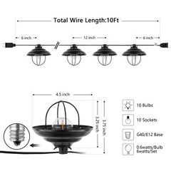 SAFAVIEH Aislin 10-Light G40 Black Plastic Outdoor String Light with Black Shade
