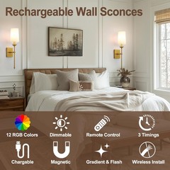 TERLEENART Battery Operated Wall Sconce Set of 2 Cordless Dimmable Remote 15