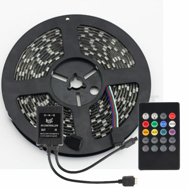 RGB 300LEDs 5050 5M Black PCB LED Strip Light Non-Waterproof+20Keys Music Remote