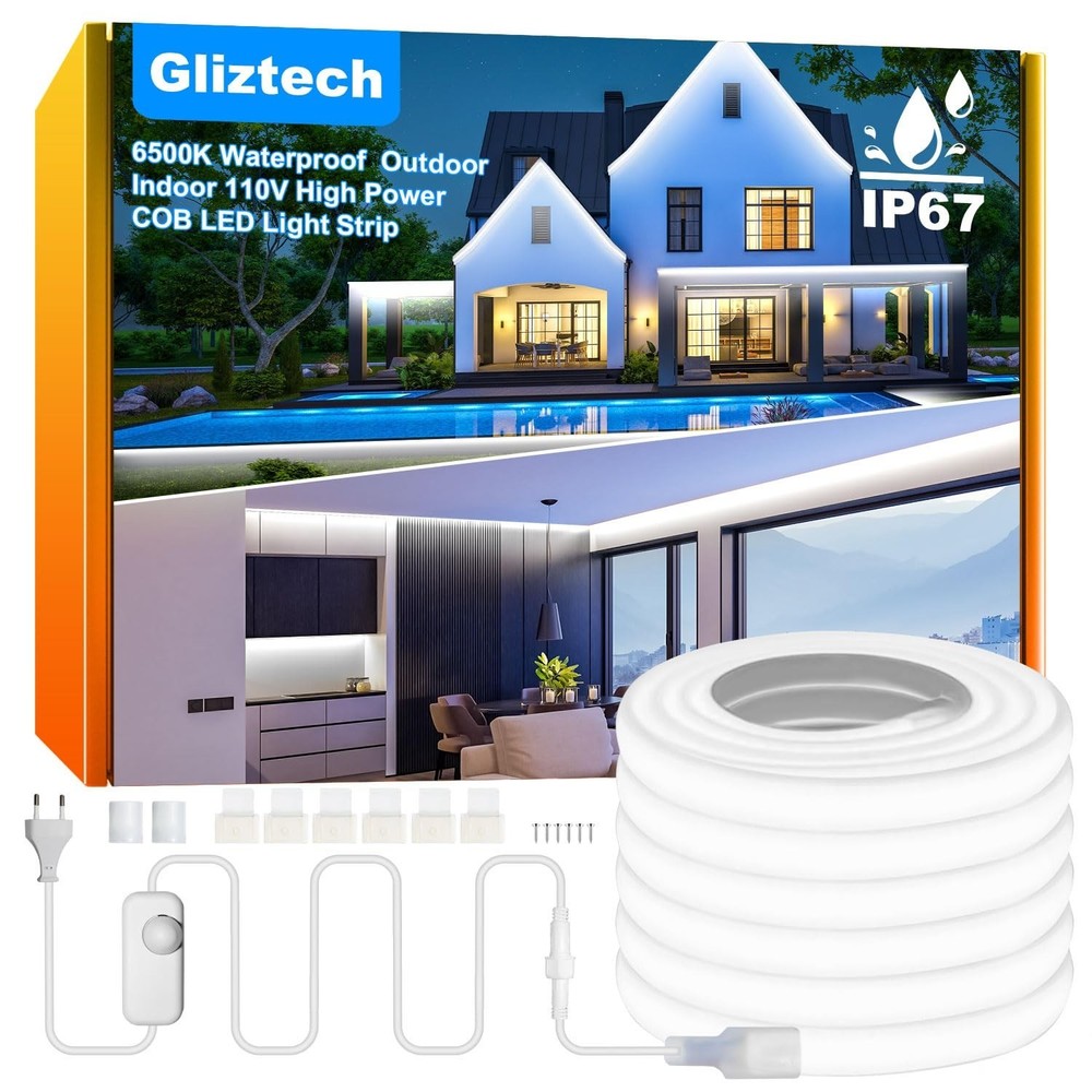 Gliztech IP67 Waterproof COB LED Strip Lights AC 110V-120V Direct Plug, 100FT…