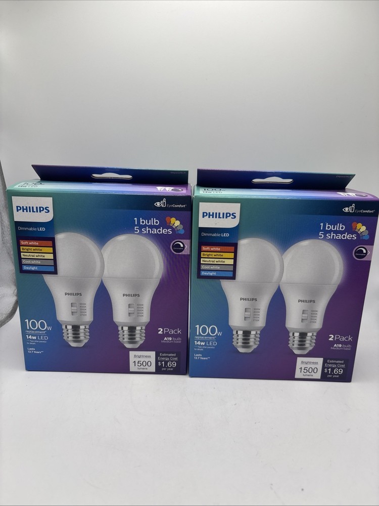 Philips A19 LED Bulbs 4-Pack 100W Eq 5 Color Selectable Dimmable Tested