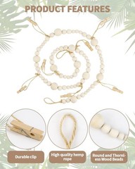 2 Pack 4 Ft Photo String with Clips, Boho Wooden Bead Garland Picture String