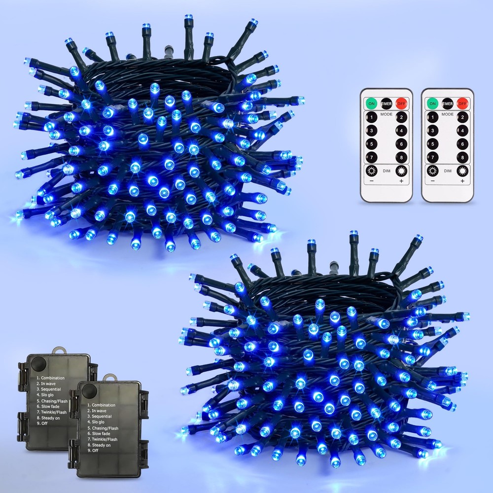 2 Pack 100 LED Blue Christmas Lights Battery Operated 66 ft Waterproof