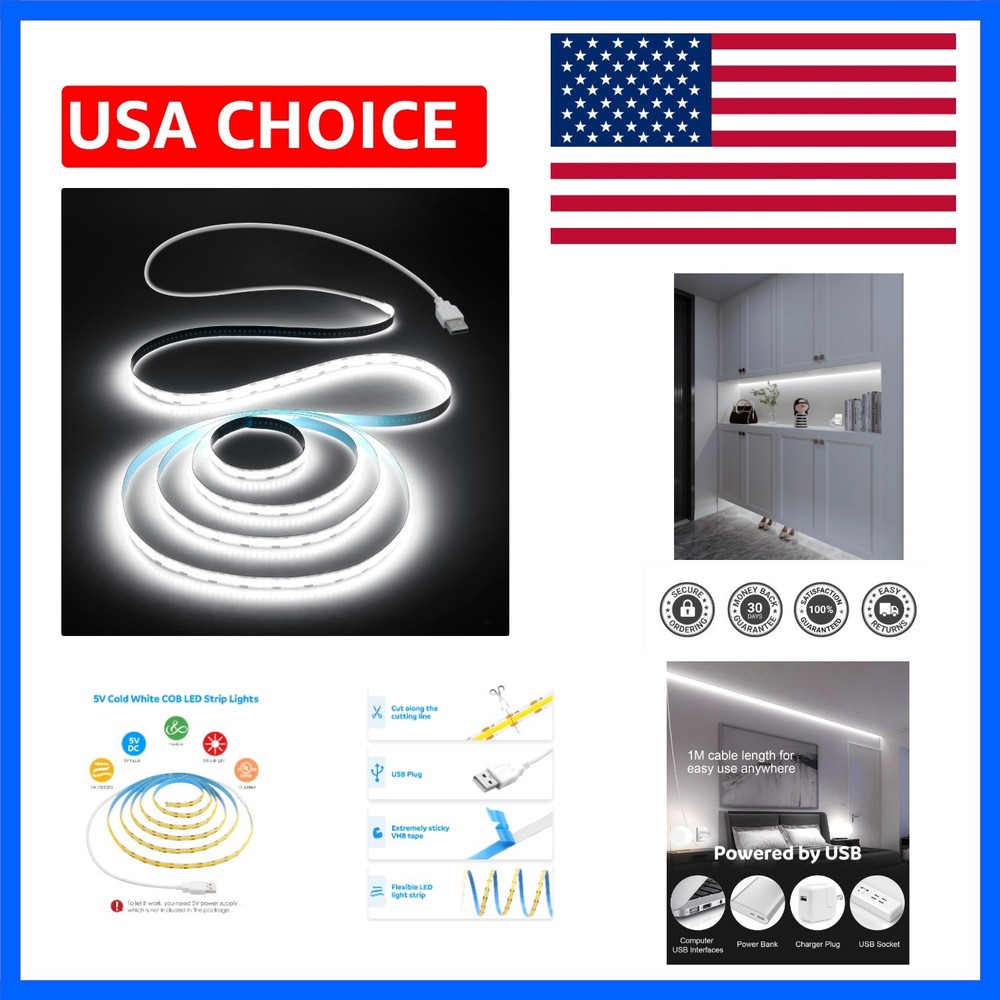USB Led Light Strip COB Led Strip Lights 5V Daylight Cold White 6000K 3.28FT …