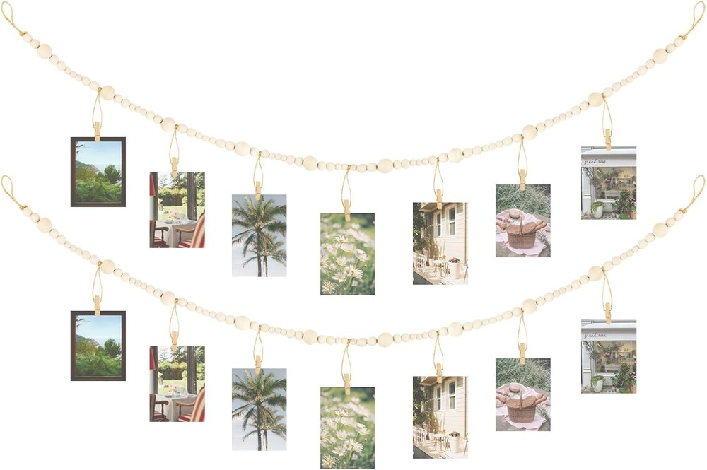 2 Pack 4 Ft Photo String with Clips, Boho Wooden Bead Garland Picture String