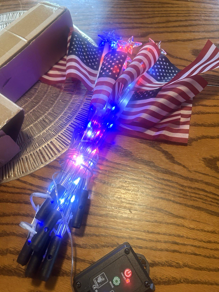 Solar LED Patriotic Star String Lights Red White Blue Color Changing Outdoor