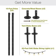 Two 10ft.Outdoor String Light Poles with 50 Light 50 ft.LED Plug in Globe Bulb S