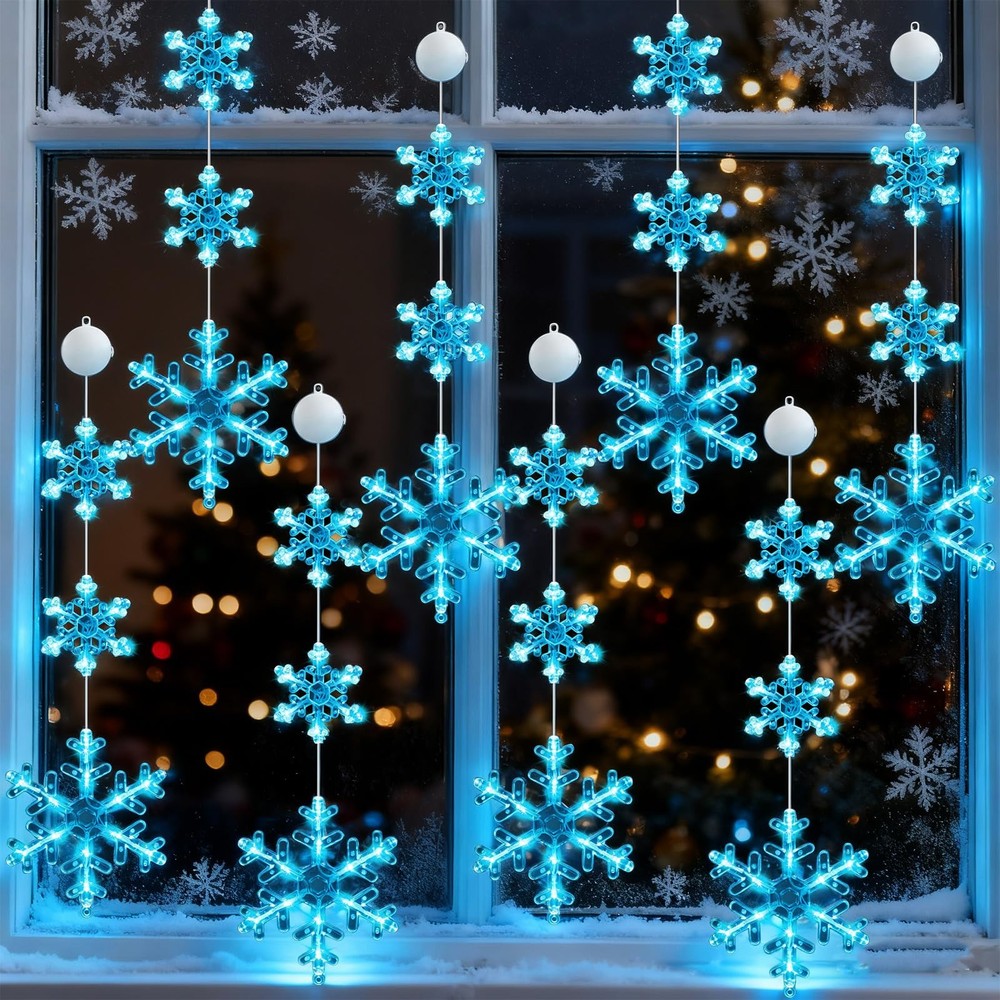 8 Pack Christmas Timer Snowflake Window Hanging Lights,Blue,Long