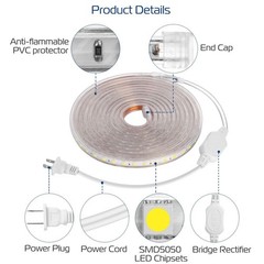 5050 LED Strip Light Flexible Tape Lighting Rope Home Outdoor With US Plug 110V