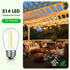 Energy Saving 1W S14 LED Bulbs, 15 Pack, Dimmable Warm Light for Outdoor Decor