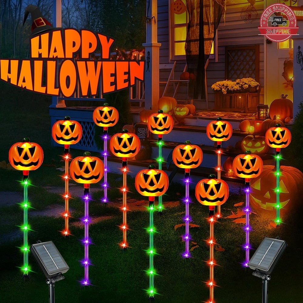 12 Luces Solares Calabaza – Estacas Halloween Exterior, 8 Modos, Multicolor