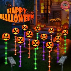 12 Luces Solares Calabaza – Estacas Halloween Exterior, 8 Modos, Multicolor