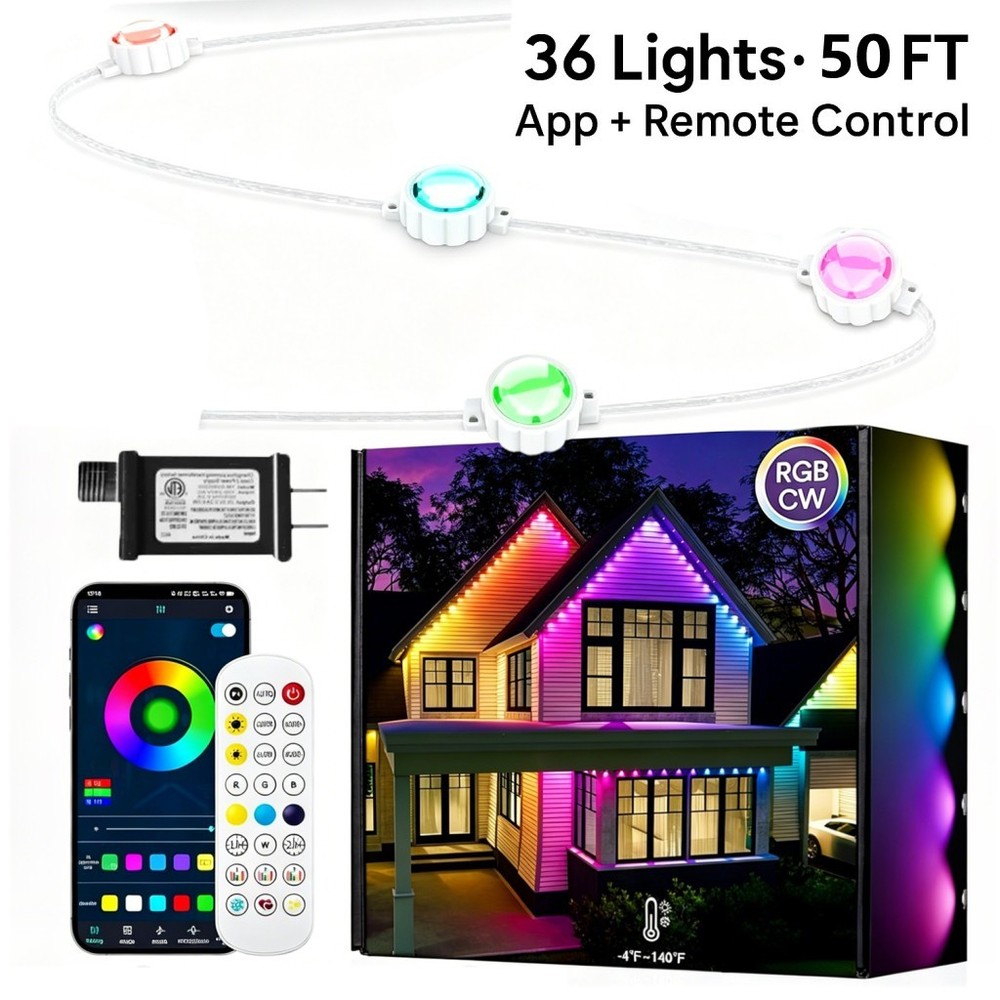 Smart Permanent Outdoor Lights 50 Ft 36 LEDs IC+RGB Eaves Lights for House Decor