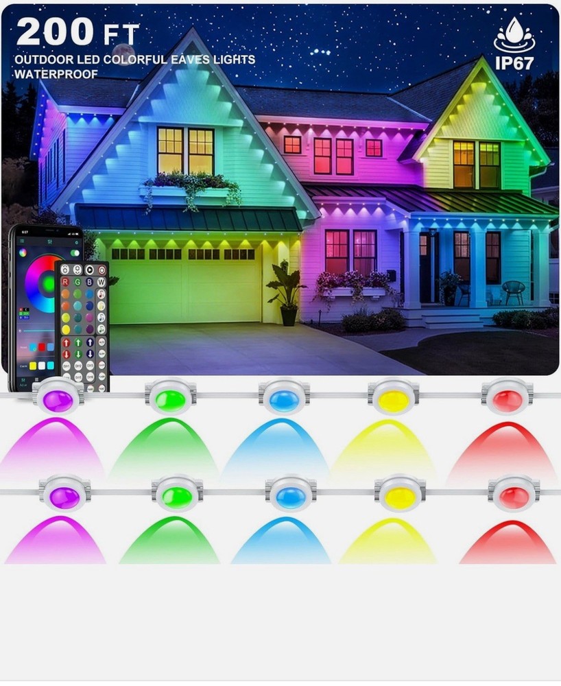 Permanent Outdoor Lights,200FT RGB Eave Light,IP67 Waterproof Lighting for House