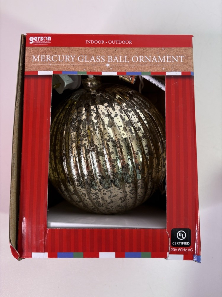 Gerson Mercury Glass Ball Ornament Mirrored Gold Corded Light 5″H Christmas