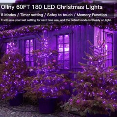 180 LED 60ft Purple String Lights (Clear Cable, Plug In, 8 Modes, IP44