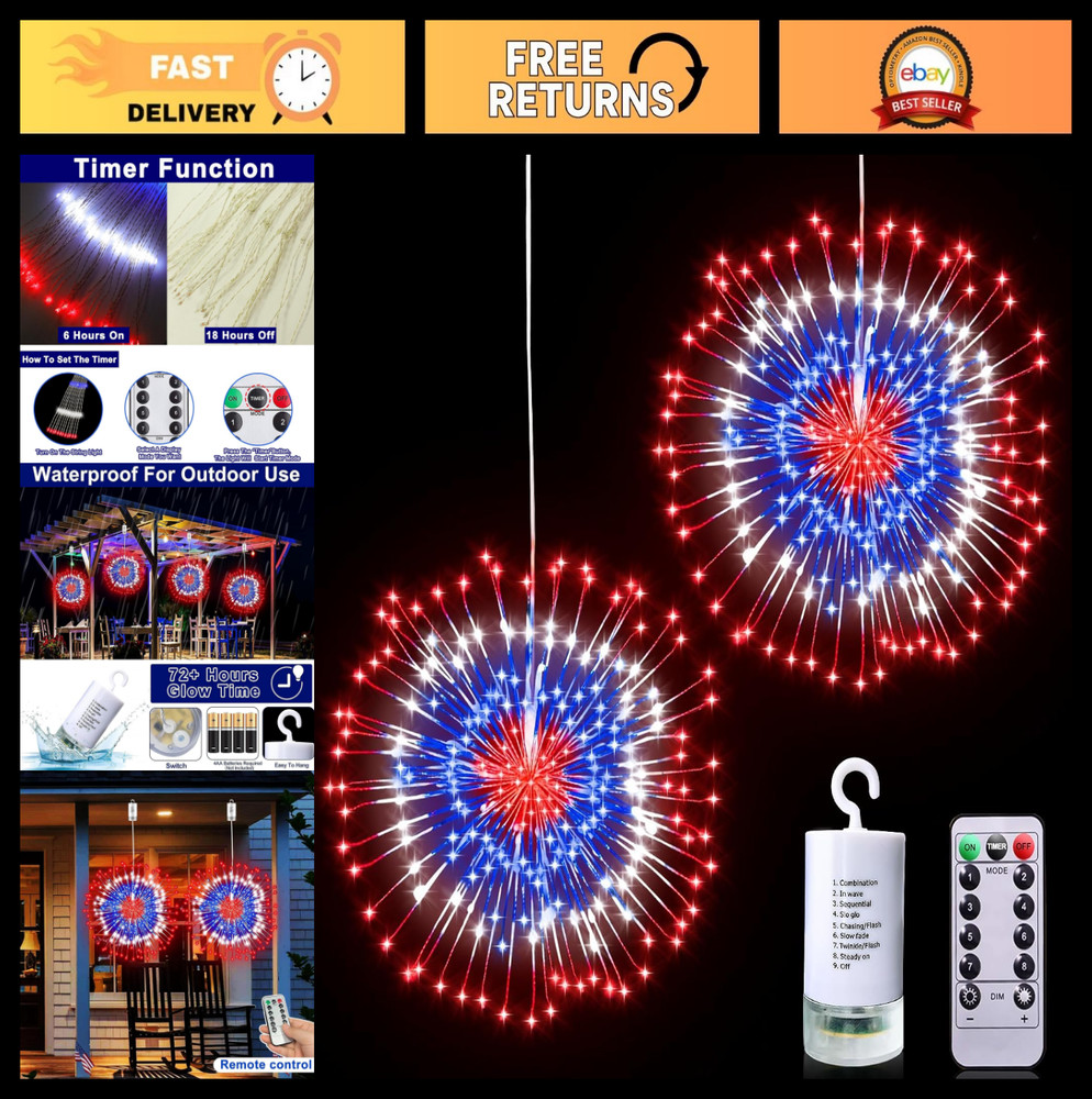 2 Pack 250th Anniversary 4th of July Lights, Waterproof LED Firework Decor, Time