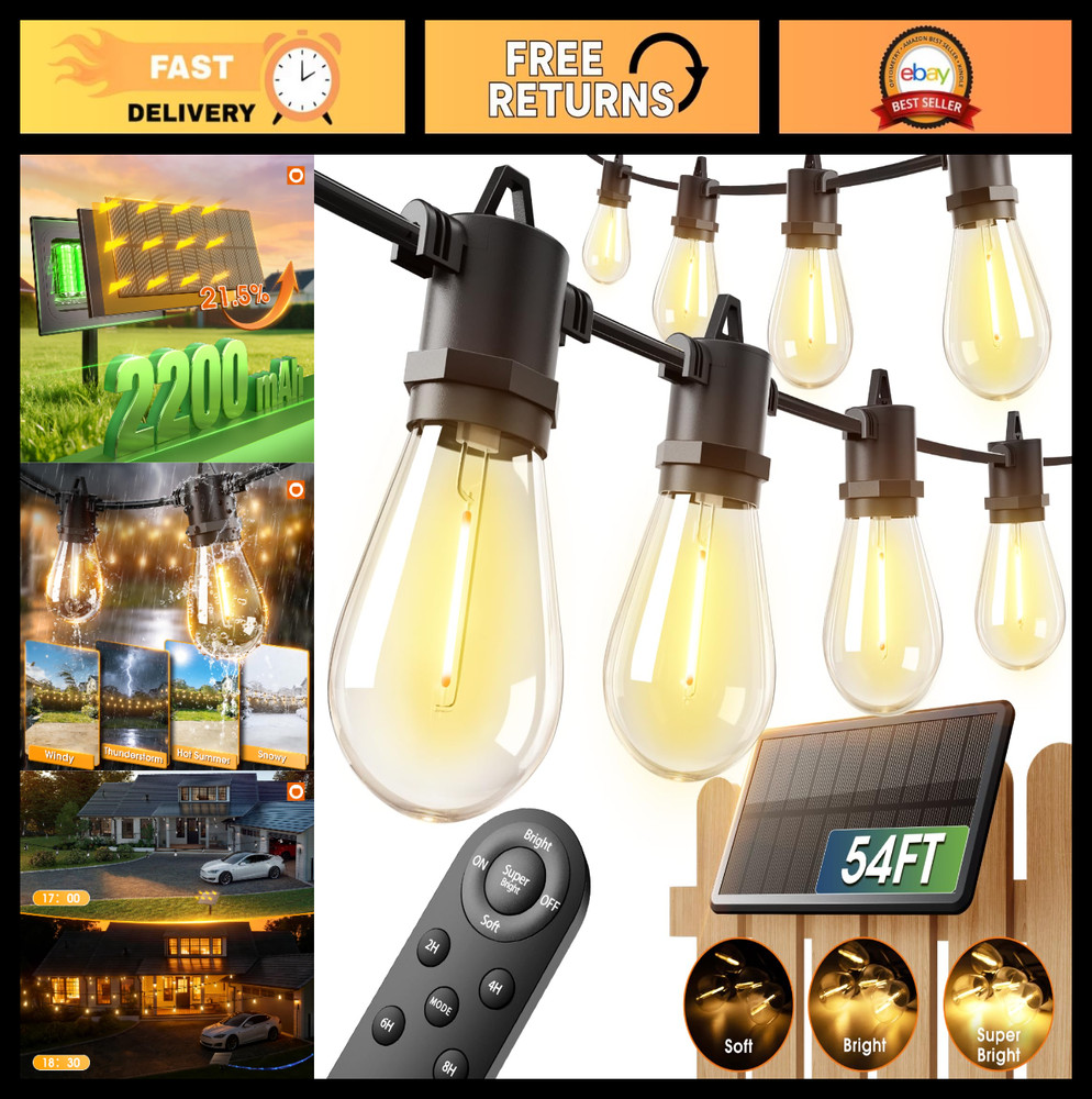 54FT Solar String Lights Outdoor, 20+ Hours Battery Life, USB Rechargeable, Wate