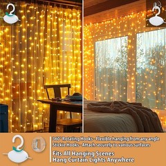 300LED Fairy Curtain Lights, 9.8×9.8Ft USB Plug-in 8 Modes Christmas String H…