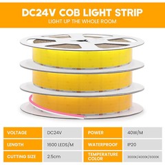 3000K COB LED Strip Light 3cm Wide 1600Leds/m DC 24V Flexible Home DIY Lighting