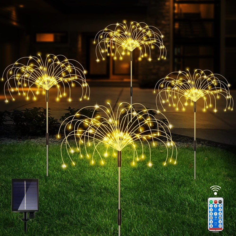 Solar Outdoor Warm White Garden Lights, 4 Pack Firework With 120 LED Starburs…