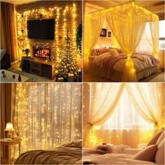 300 LED Fairy Curtain Lights, 9.8×9.8Ft USB Plug-in 8 Modes Christmas String