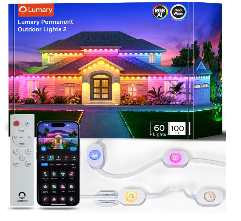 Permanent Outdoor Lights 2 with Remote, 100ft with 60 RGBAICW LEDs for Daily and