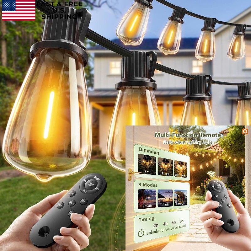 addlon 52(48+4) FT Solar String Lights 48+6FT(15 Sockets)(1 Pack), Black