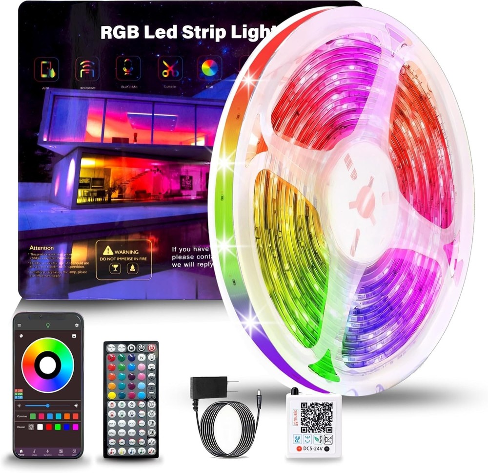 RGB Led Strip Lights with 60 Keys Remote and App Control, 100ft Roll.