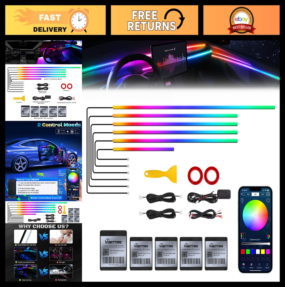 RGB Car LED Strip Lights, 175″ Music Sync Fiber Optic Ambient Lighting Kit