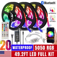 66FT Waterproof LED Strip Lights 5050 Music Sync Bluetooth Remote Room Light Kit