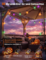 50FT Halloween String Lights with 25 G40 LED Orange Green Purple Bulbs | Plastic