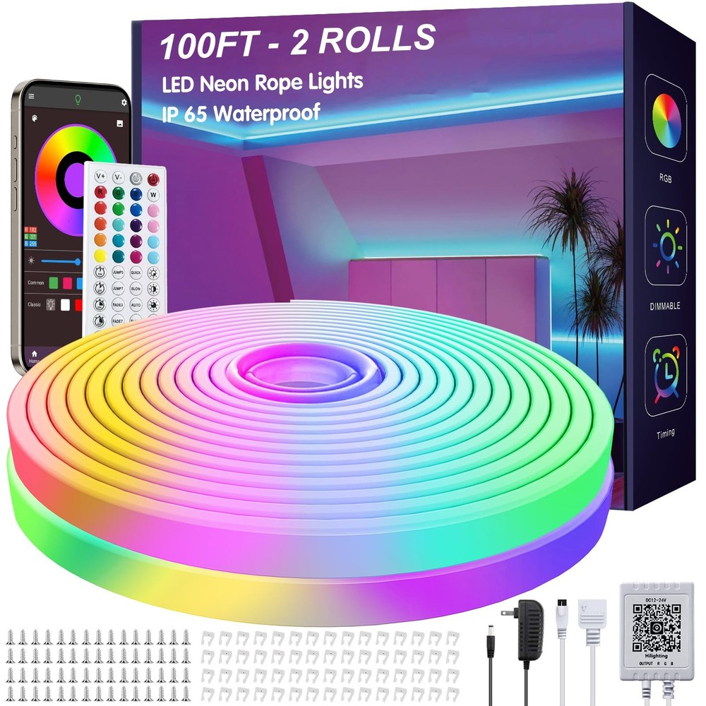 100Ft LED Neon Rope Lights with App Control, Waterproof for Indoor/Outdoor Decor