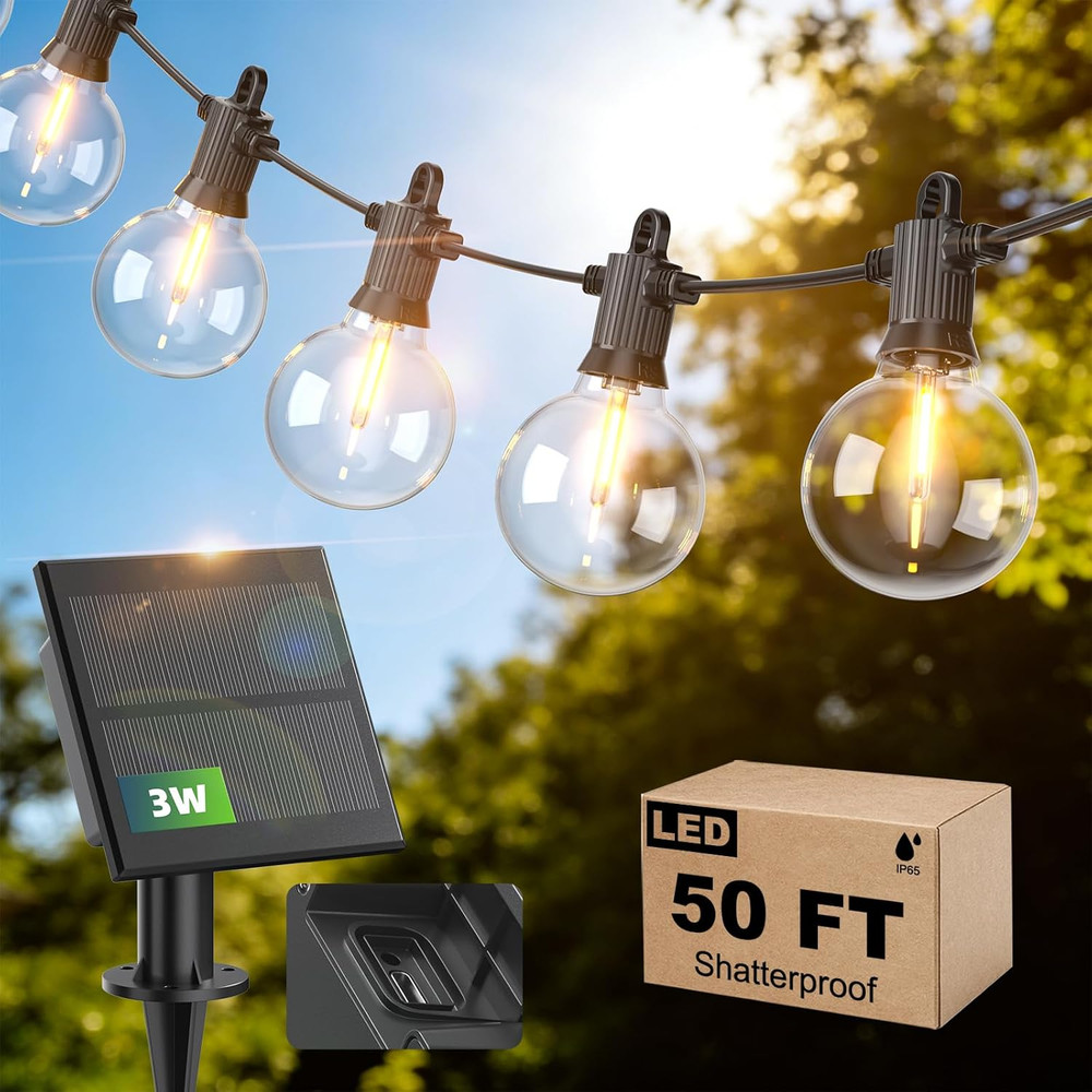 50FT Solar String Lights Outdoor Waterproof IP65 with Usb-Charging , Solar Power