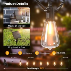 31FT Solar String Lights Outdoor Waterproof IP65 with USB-Charging , Solar Po…