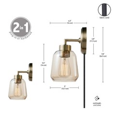 Globe Electric 51715 1-Light Plug-In Or Hardwire Wall Sconce Matte Brass Smoked