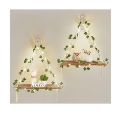 Mkono Artificial Ivy Macrame Hanging Shelves with Lights Set of 2 Boho Wall D…
