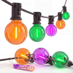 50FT Halloween String Lights with 25 G40 LED Orange Green Purple Bulbs | Plastic